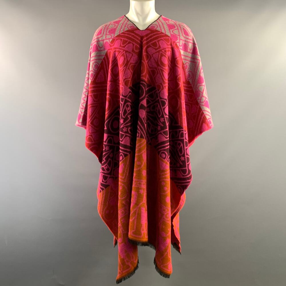 WALTER VAN BEIRENDONCK One Size Pink Orange Wool Abstract Poncho
